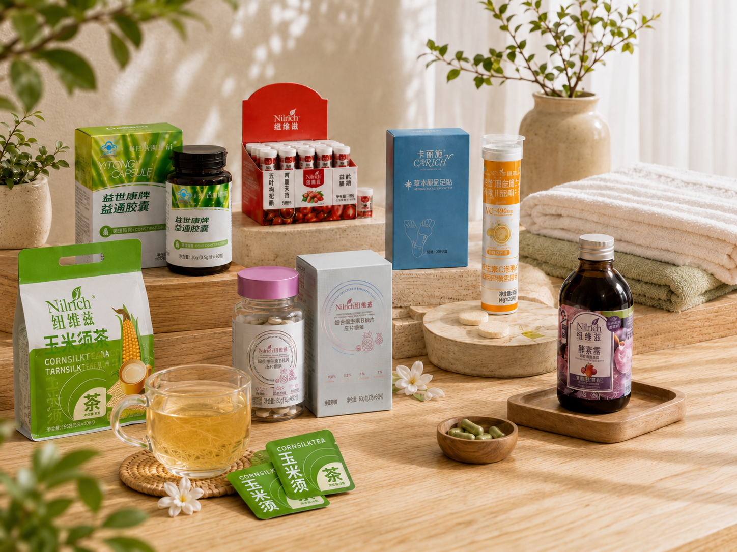 Wellness-продукты Greenleaf в светлом натюрморте